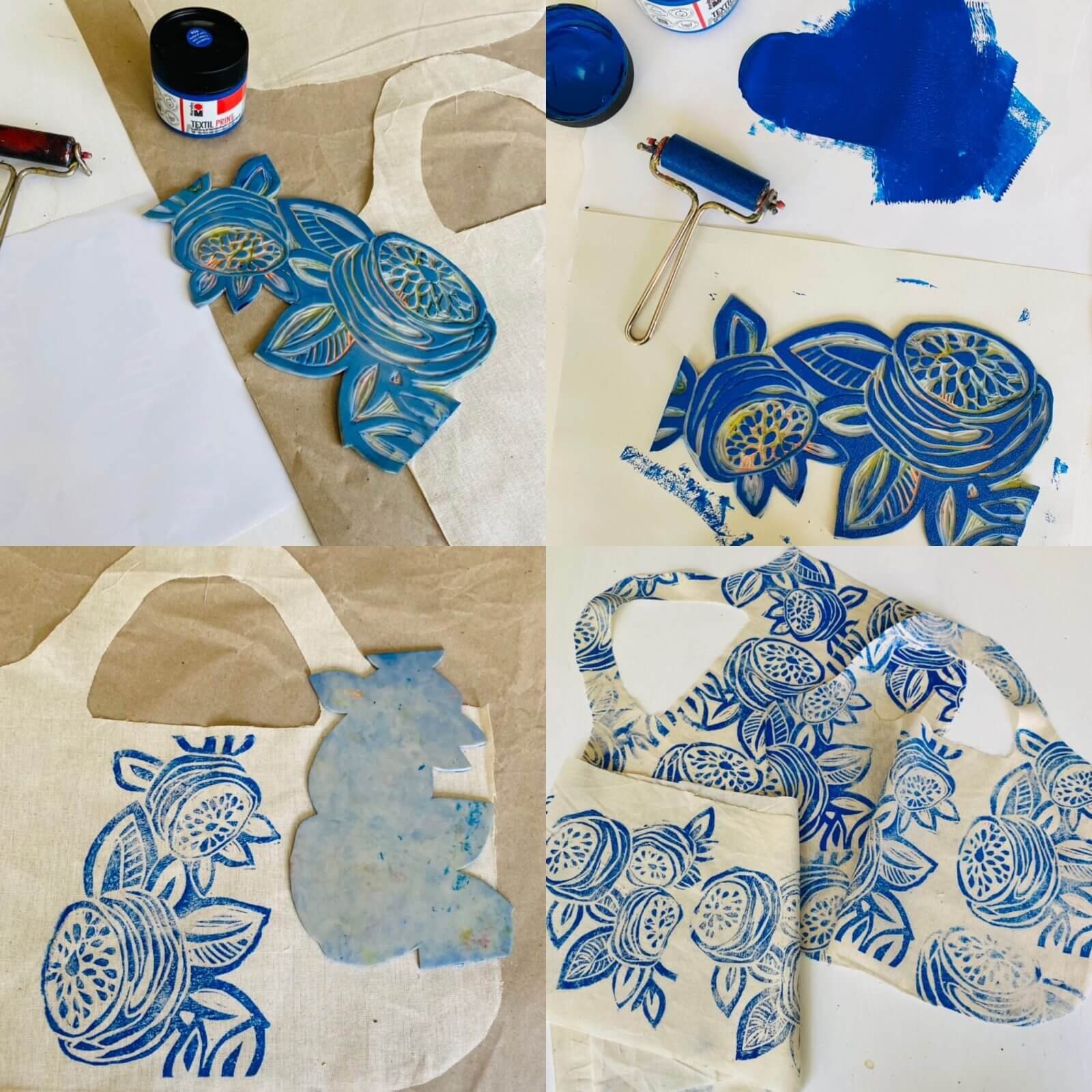 Stoffteile mit Blockprint Stempel und blauer Farbe