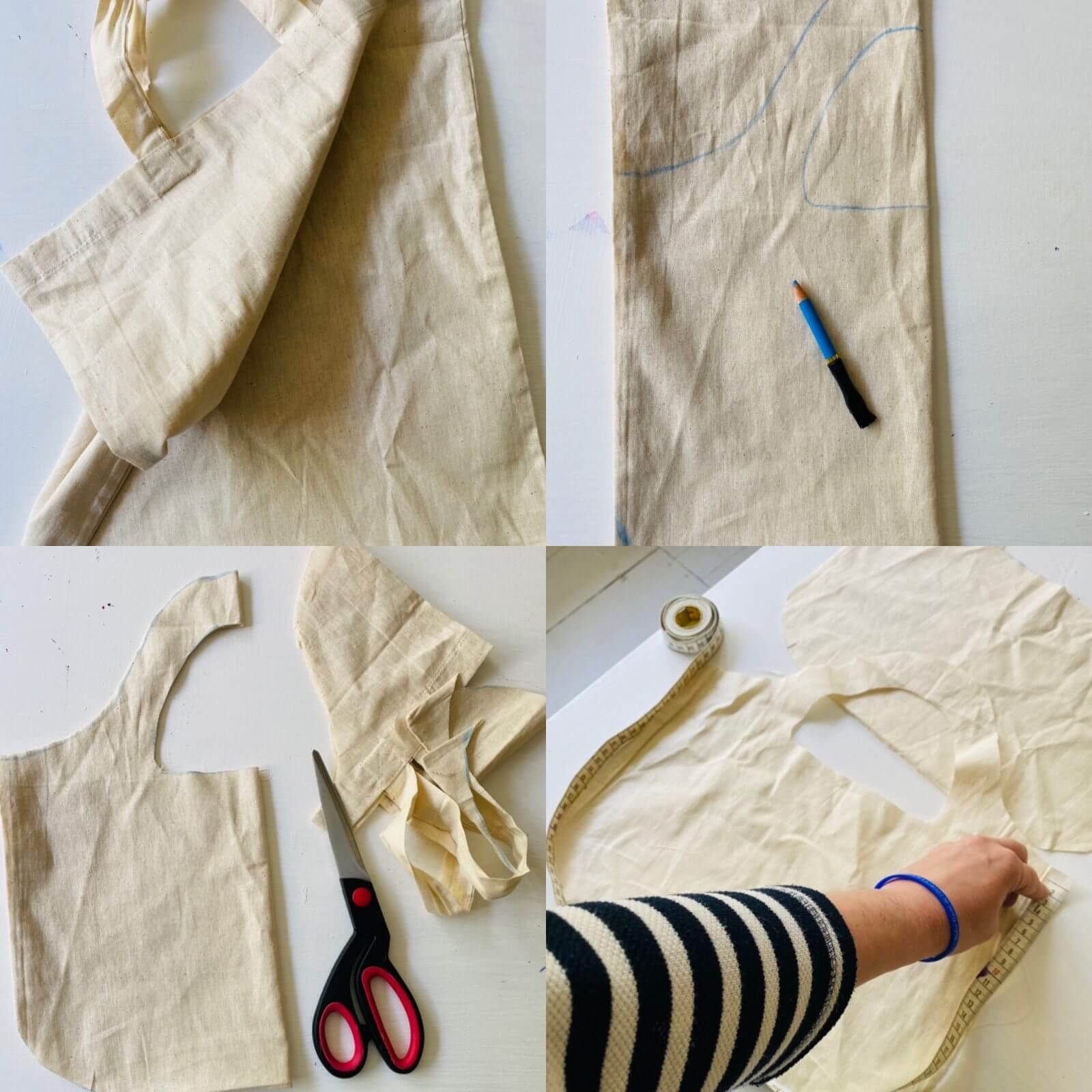 Die ersten vier Schritte um aus einem alten Stoffbeutel einen neuen Shopper zu machen