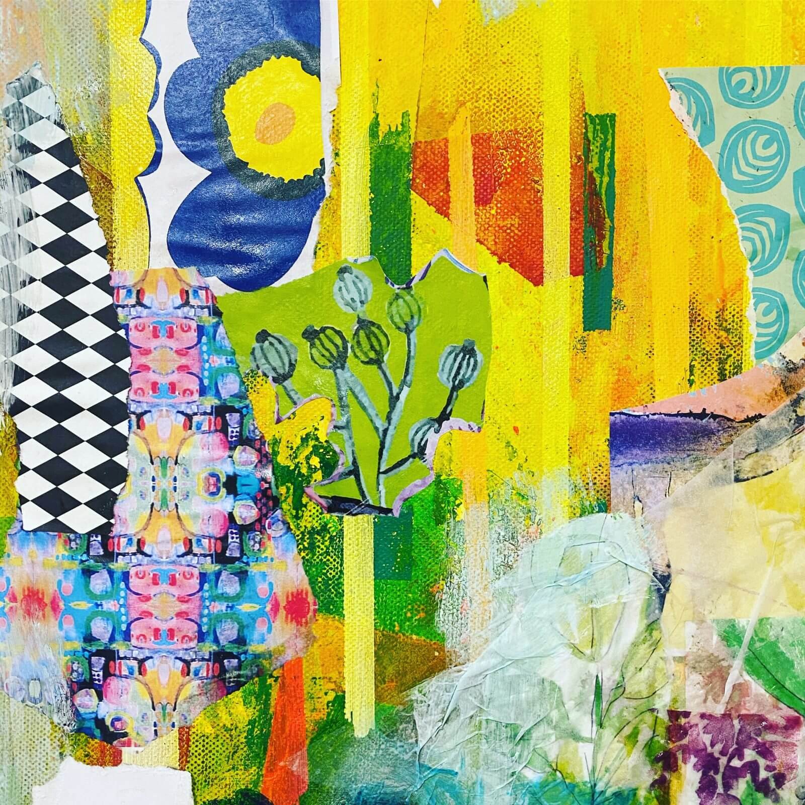 Bild auf Leinwand, Collage aus Papier, Geschenkpapier und Acrylfarbe in Decoupagetechnik.